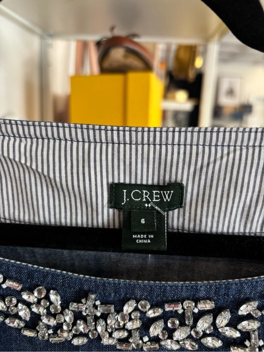 J. Crew Denim-Effect Embellished Boatneck Top in Blue chambray
